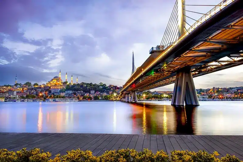 a bridge over water with a city in the background presents safety in Istanbul 