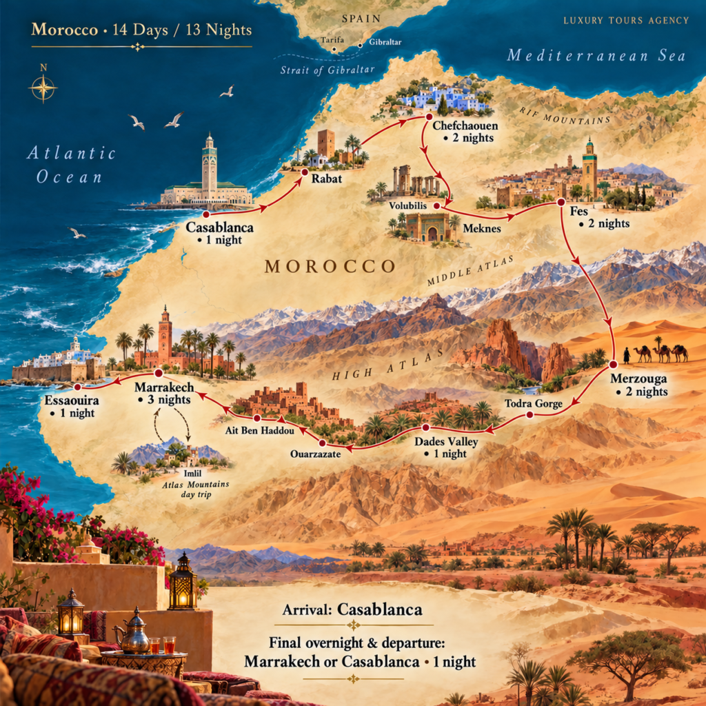 Morocco 14-Day Luxury Private Tour 7 Morocco 14-day route with 13 overnight stays, Casablanca arrival and Marrakech or Casablanca departure
