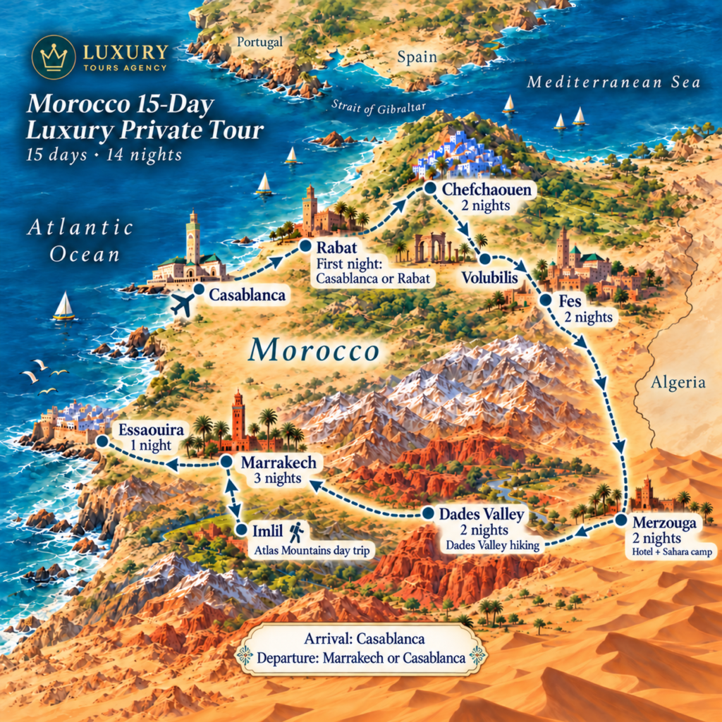 Morocco 15-Day Luxury Private Tour 7 Illustrated Morocco 15-day luxury private tour route with overnight stays, Atlas Mountains day trip, Dades Valley hiking, Casablanca arrival and Marrakech or Casablanca departure