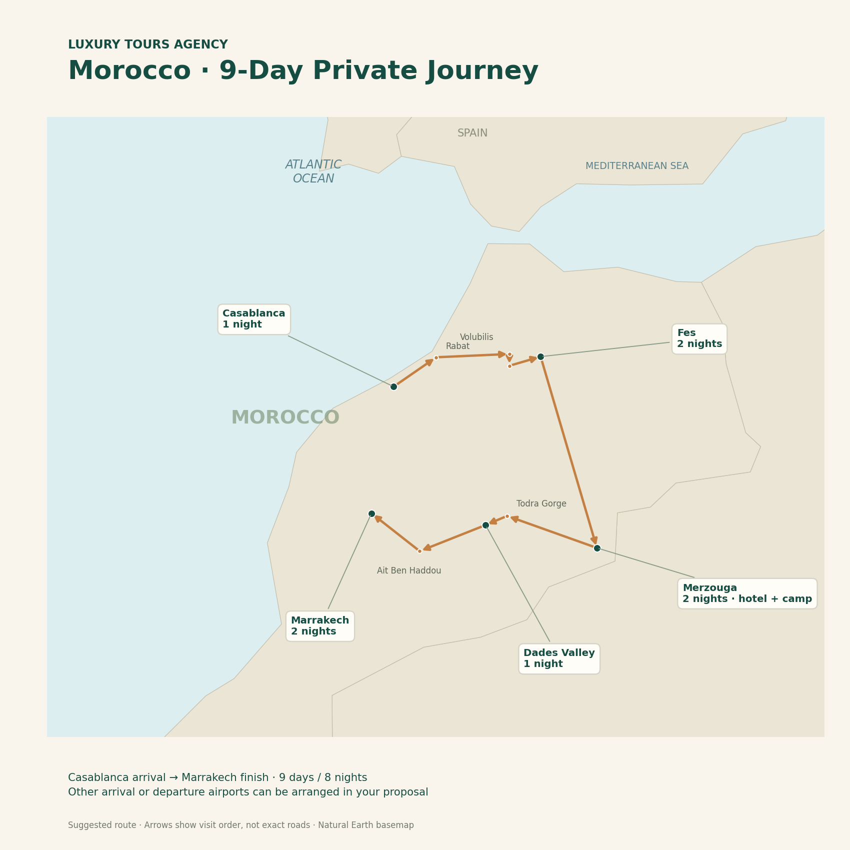 Morocco 9-Day Luxury Private Tour 5 Morocco 9-day private tour route and overnight stays