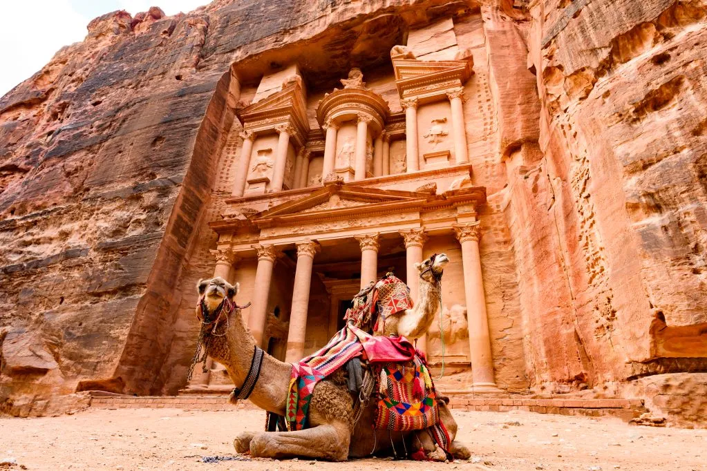 A camel rests at the entrance of Petra's Treasury, showcasing the ancient architecture and desert landscape in Jordan itinerary 7 days