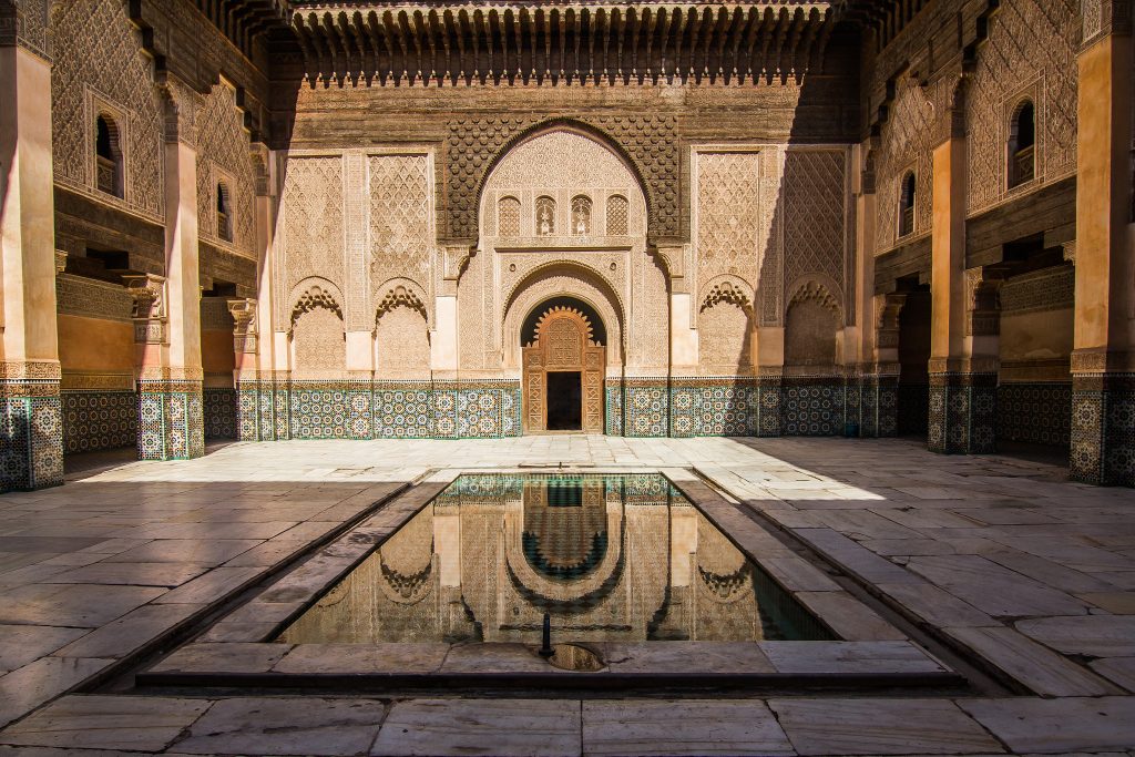 Morocco 7-Day Luxury Private Tour 3 Courtyard and pool of the Ben Youssef Madrasa, Marrakech
