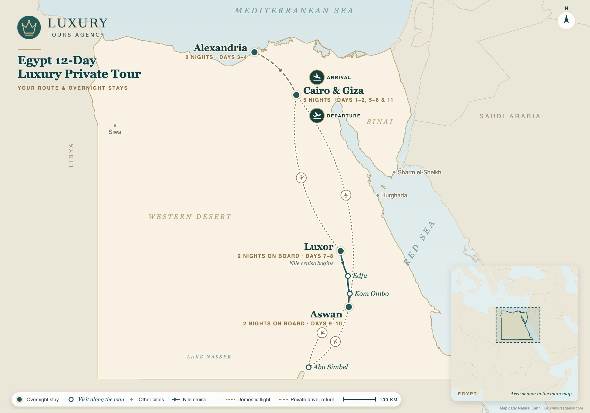 Egypt 12-Day Luxury Private Tour 9 Route map of the Egypt 12-day luxury private tour: Cairo, Alexandria, a Nile cruise from Luxor to Aswan and Abu Simbel by air