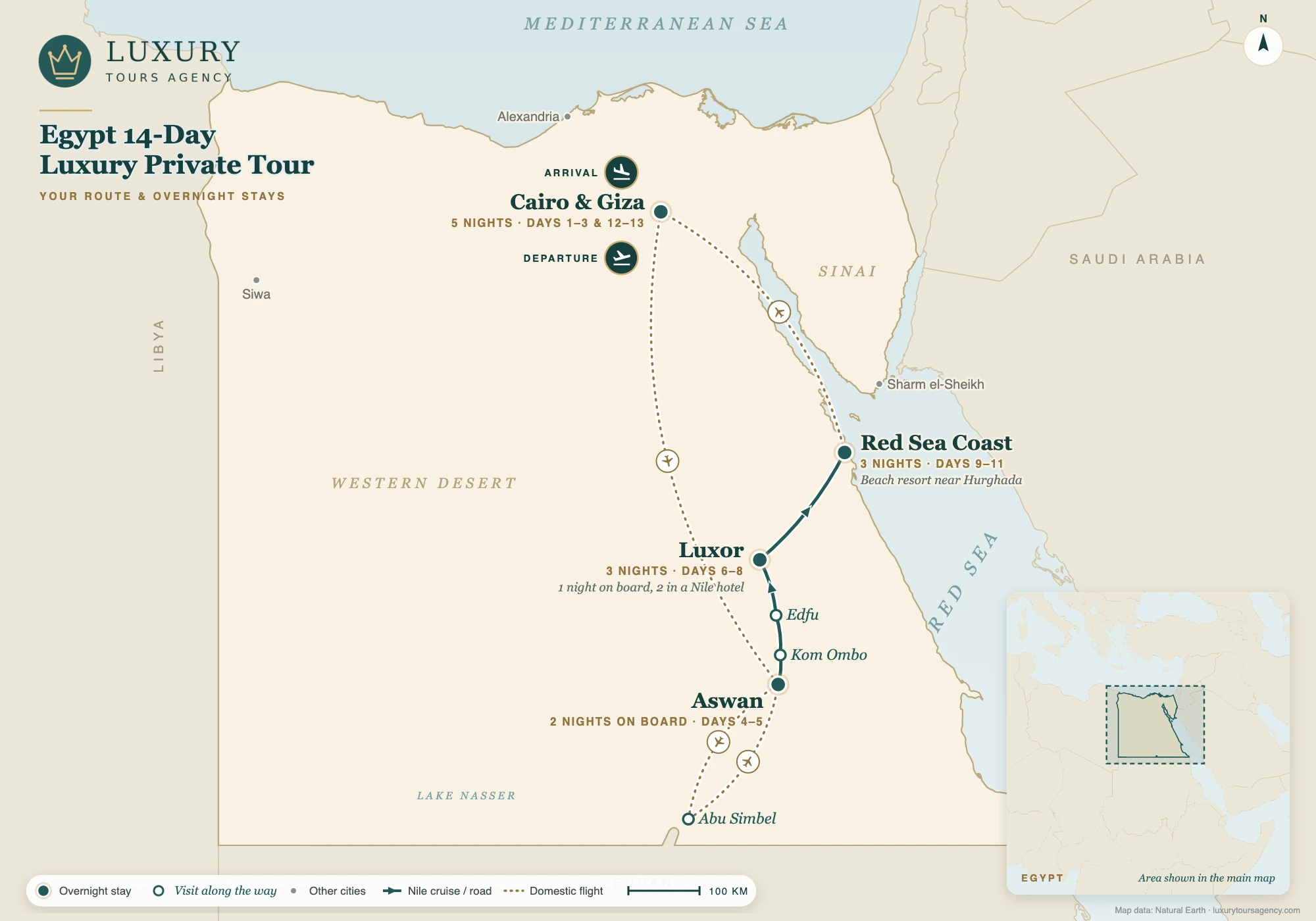 Egypt 14-Day Luxury Private Tour 9 Route map of the Egypt 14-day luxury private tour: Cairo, a Nile cruise from Aswan to Luxor, Abu Simbel by air and the Red Sea coast
