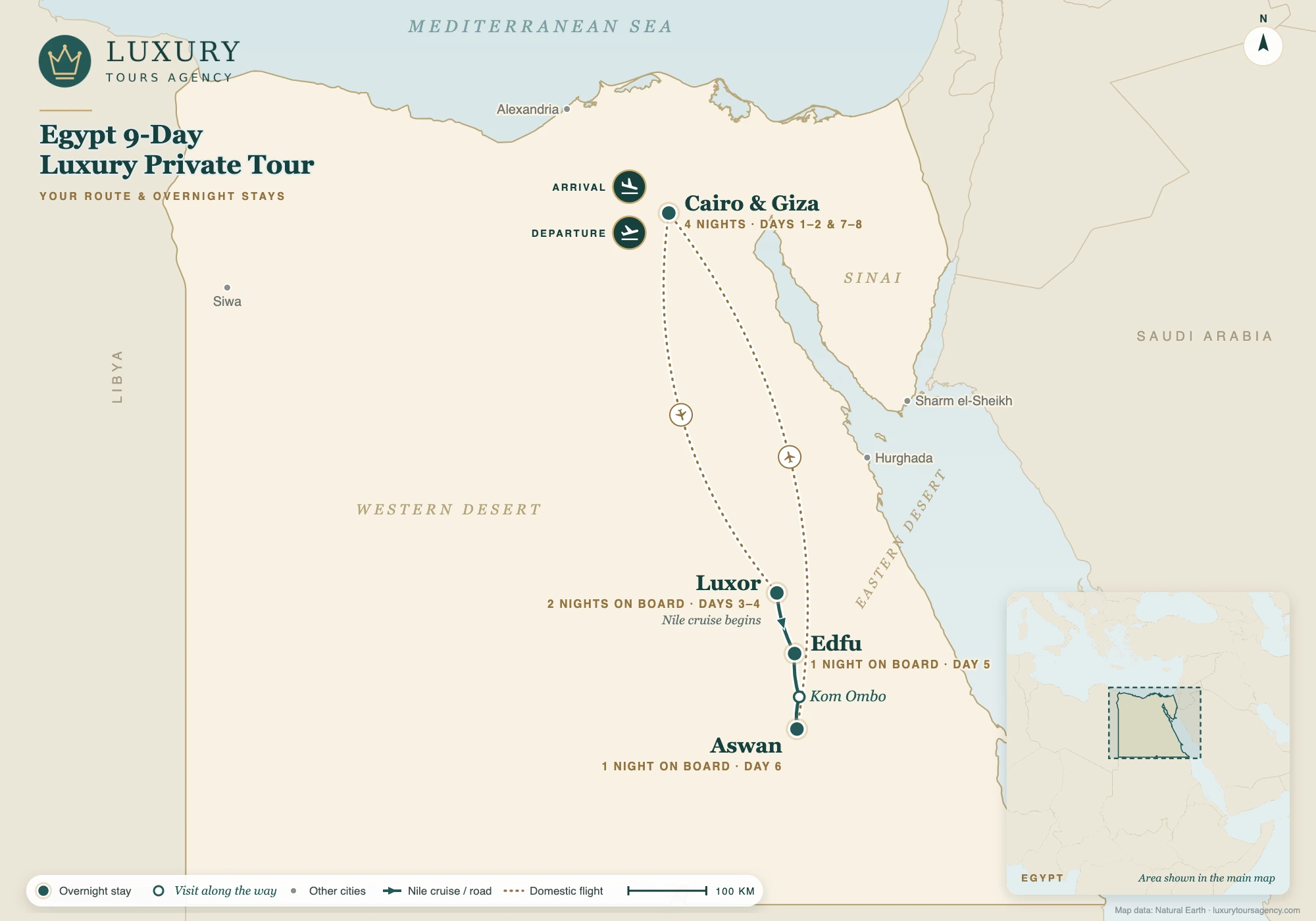 Egypt 9-Day Luxury Private Tour 9 Route map of the Egypt 9-day luxury private tour: Cairo and Giza, a Nile cruise from Luxor via Edfu and Kom Ombo to Aswan, with overnight stays
