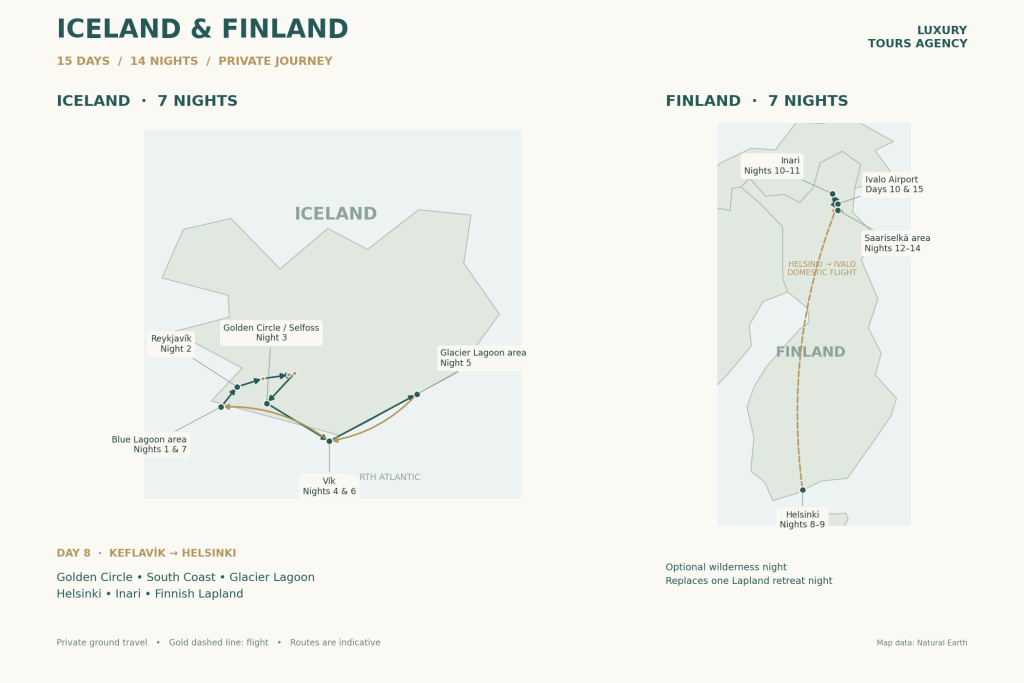 15-Day Luxury Iceland & Finland Tour – Northern Lights & Arctic Experiences 5 Iceland and Finland 15-day route map showing seven nights in Iceland, two in Helsinki and five in Finnish Lapland