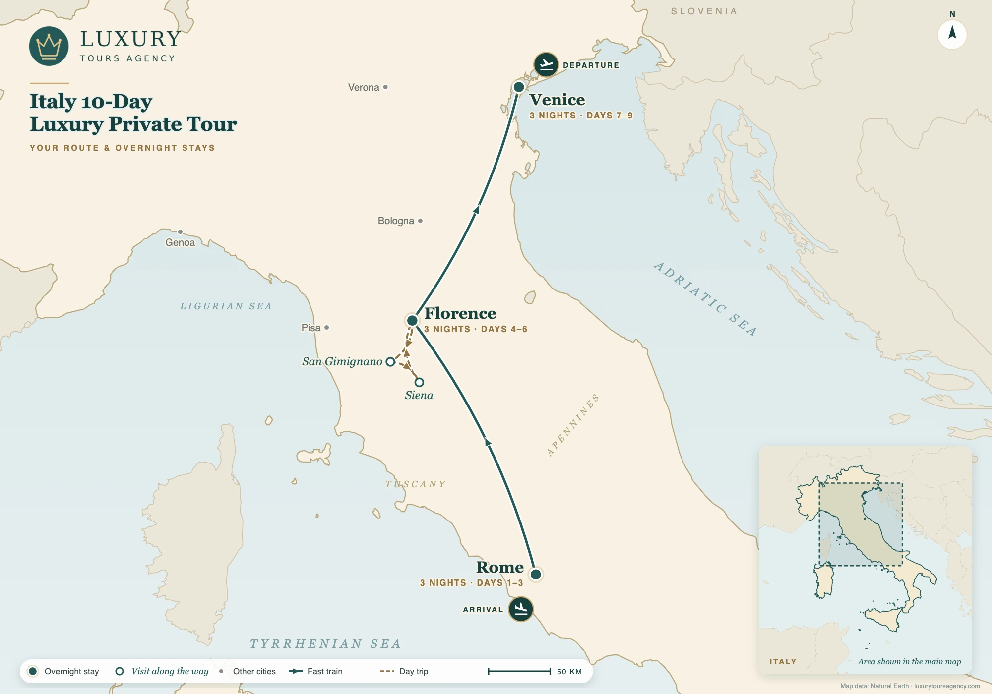 Italy 10-Day Luxury Private Tour 9 Route map of the Italy 10-day luxury private tour: Rome, Florence with San Gimignano and Siena, and Venice
