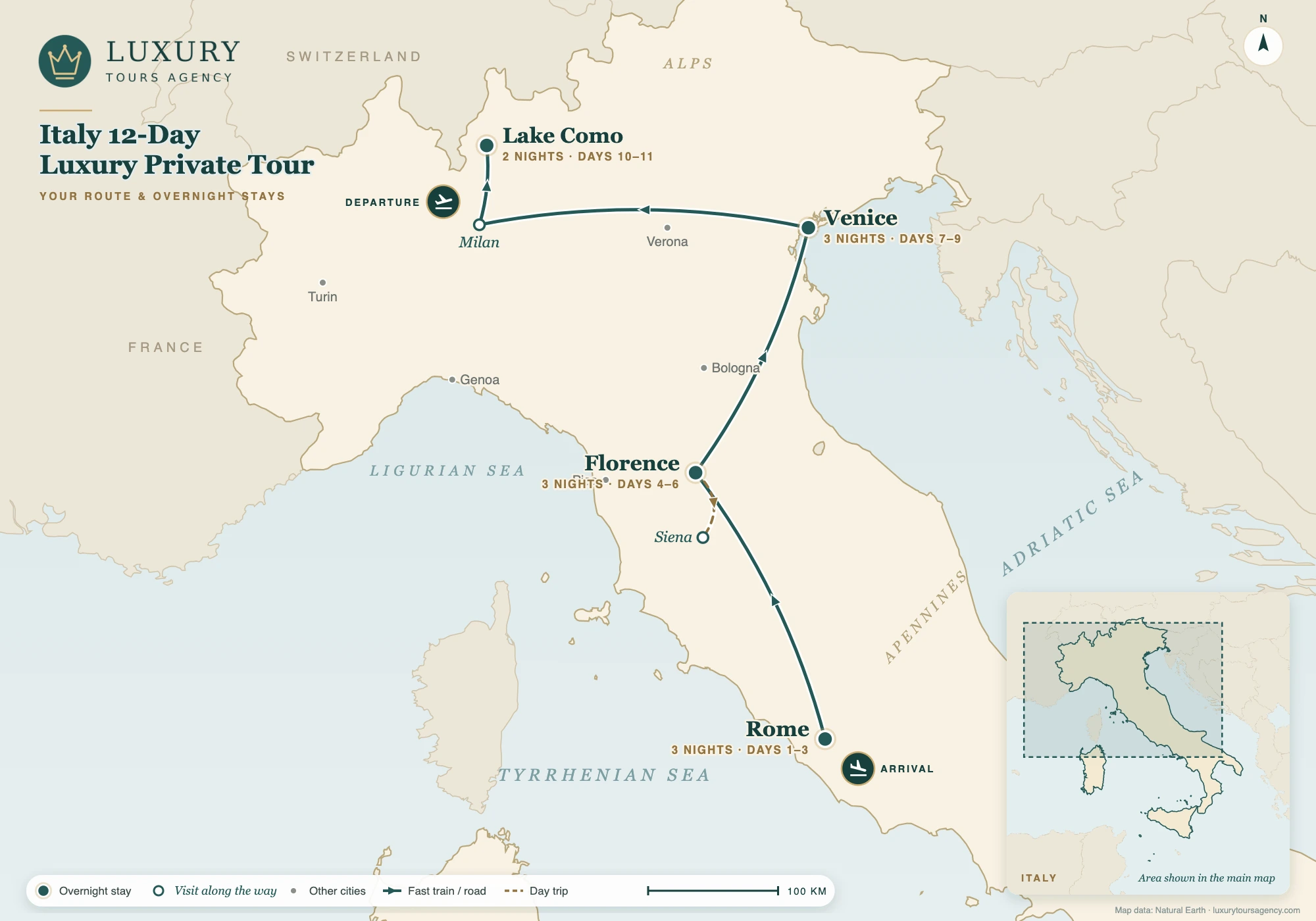 Italy 12-Day Luxury Private Tour 10 Route map of the Italy 12-day luxury private tour: Rome, Florence, Venice and Lake Como by fast train and private car