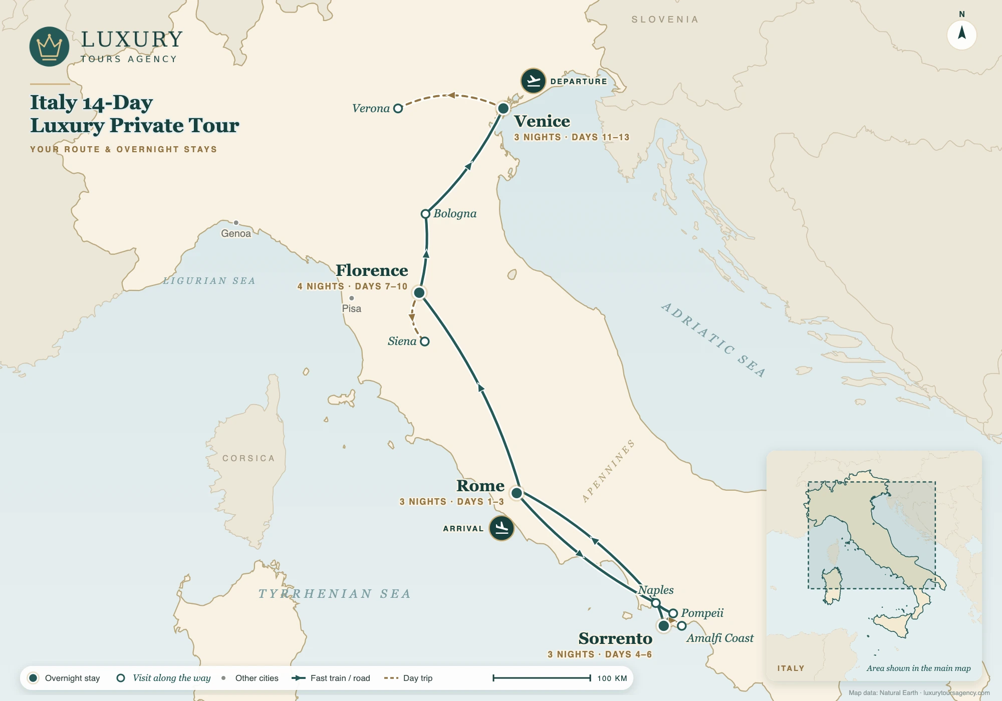 Italy 14-Day Luxury Private Tour 10 Route map of the Italy 14-day luxury private tour: Rome, Pompeii, Sorrento and the Amalfi Coast, Florence and Tuscany, Bologna, Venice and Verona