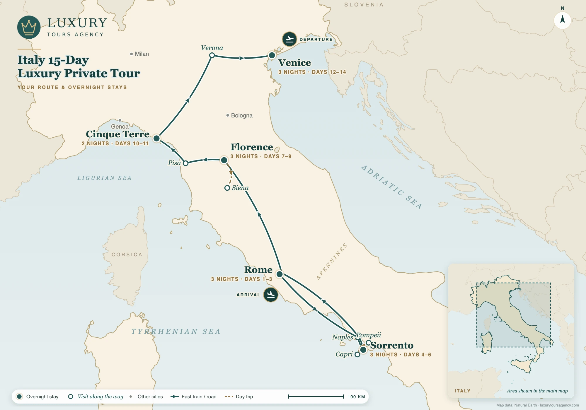 Italy 15-Day Luxury Private Tour 10 Route map of the Italy 15-day luxury private tour: Rome, Naples, Sorrento, Pompeii and Capri, Florence and Tuscany, Pisa, the Cinque Terre, Verona and Venice