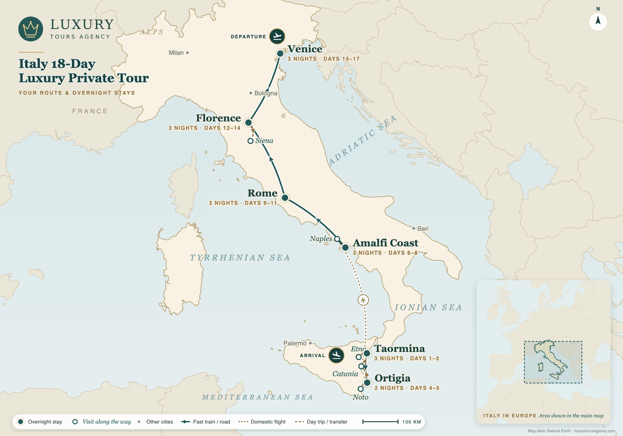 Italy 18-Day Luxury Private Tour 10 Route map of the Italy 18-day luxury private tour: Taormina and Ortigia in Sicily, a flight to Naples, the Amalfi Coast, Rome, Florence and Venice