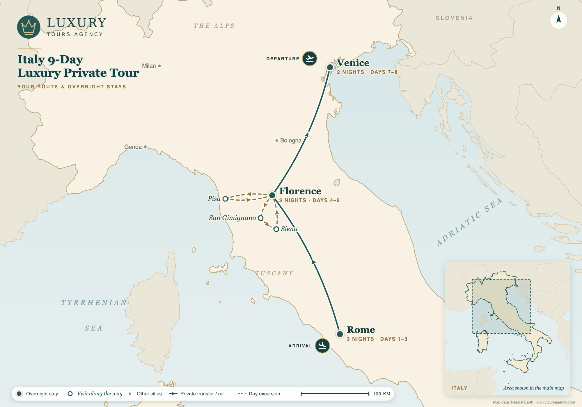 Italy 9-Day Luxury Private Tour 10 Route map of the Italy 9-day luxury private tour: Rome, Florence with Siena, San Gimignano and Pisa, and Venice