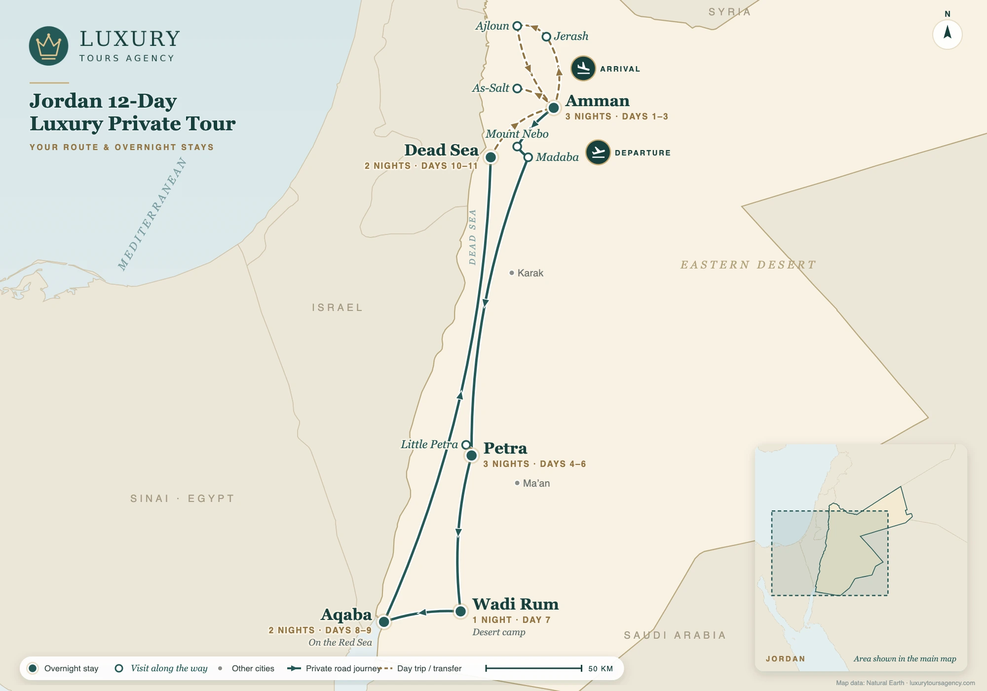 Jordan 12-Day Luxury Private Tour 11 Route map of the Jordan 12-day luxury private tour with overnight stays