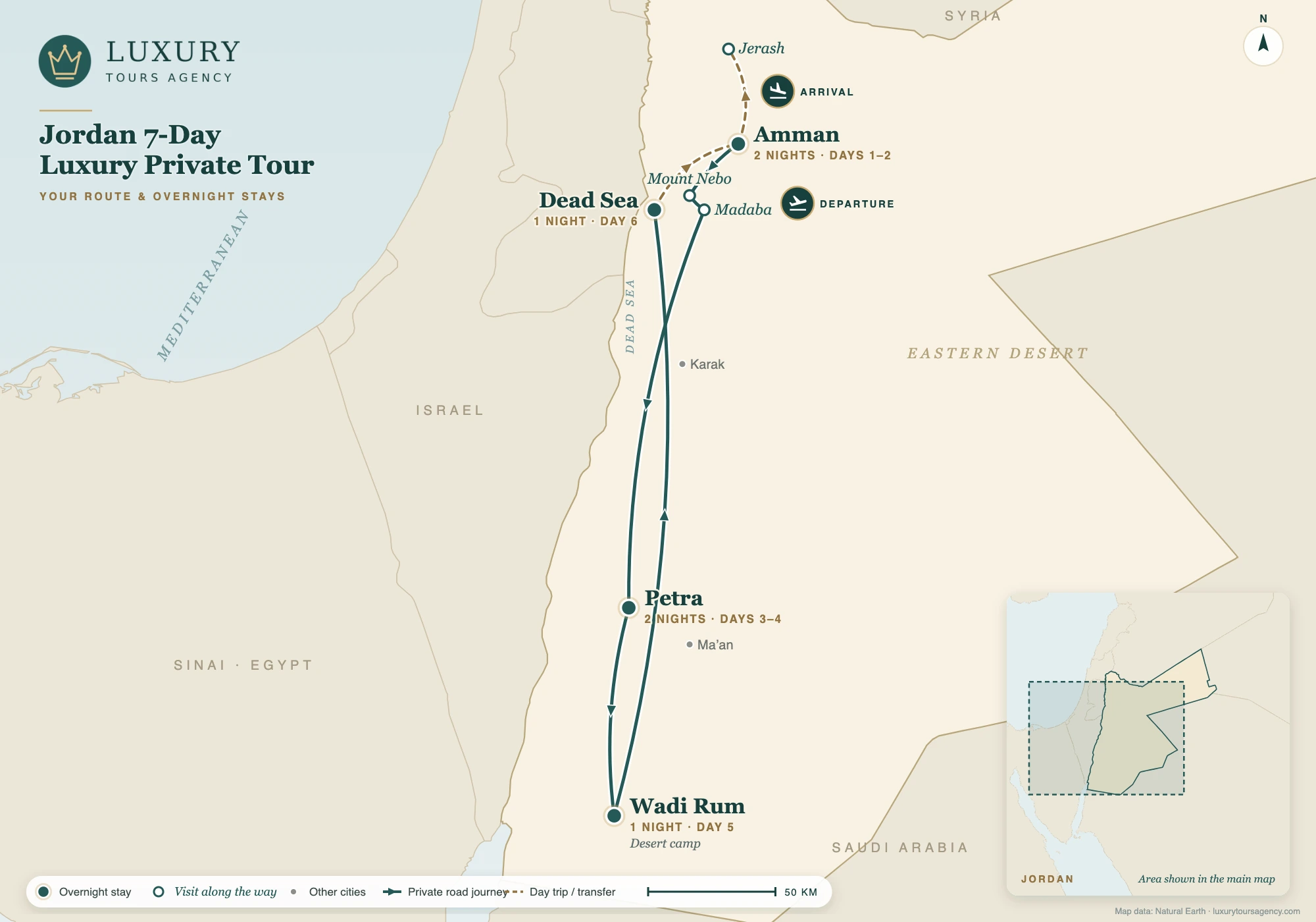 Jordan 7-Day Luxury Private Tour 10 Route map of the Jordan 7-day luxury private tour with overnight stays