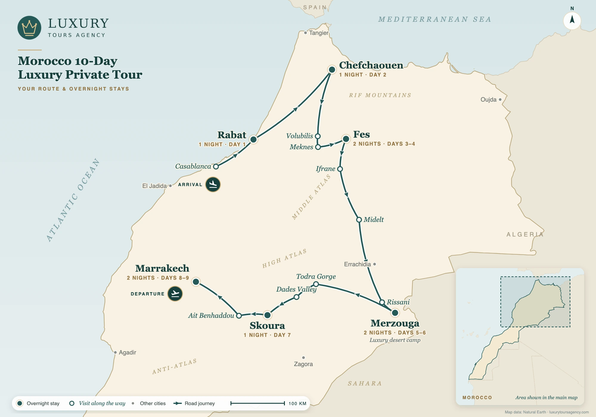Morocco 10-Day Luxury Private Tour 10 Route map of the Morocco 10-day luxury private tour: Rabat, Chefchaouen, Fes, two nights in the Sahara at Merzouga, Skoura and Marrakech, with overnight stays