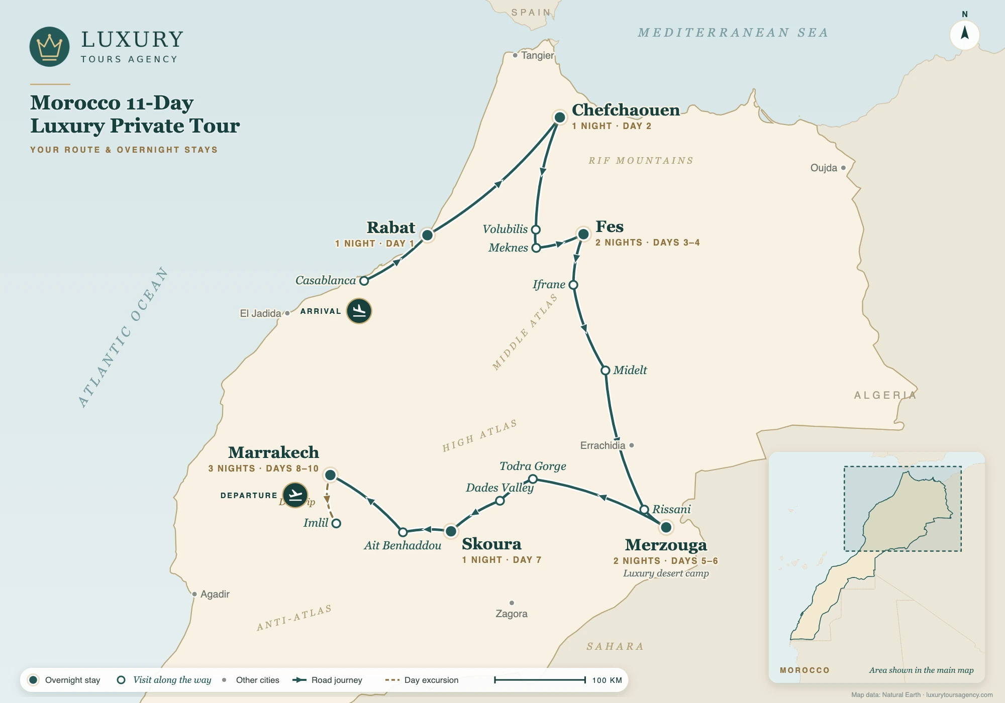 Morocco 11-Day Luxury Private Tour 10 Route map of the Morocco 11-day luxury private tour: Rabat, Chefchaouen, Fes, the Sahara at Merzouga, Skoura, Marrakech and Imlil, with overnight stays