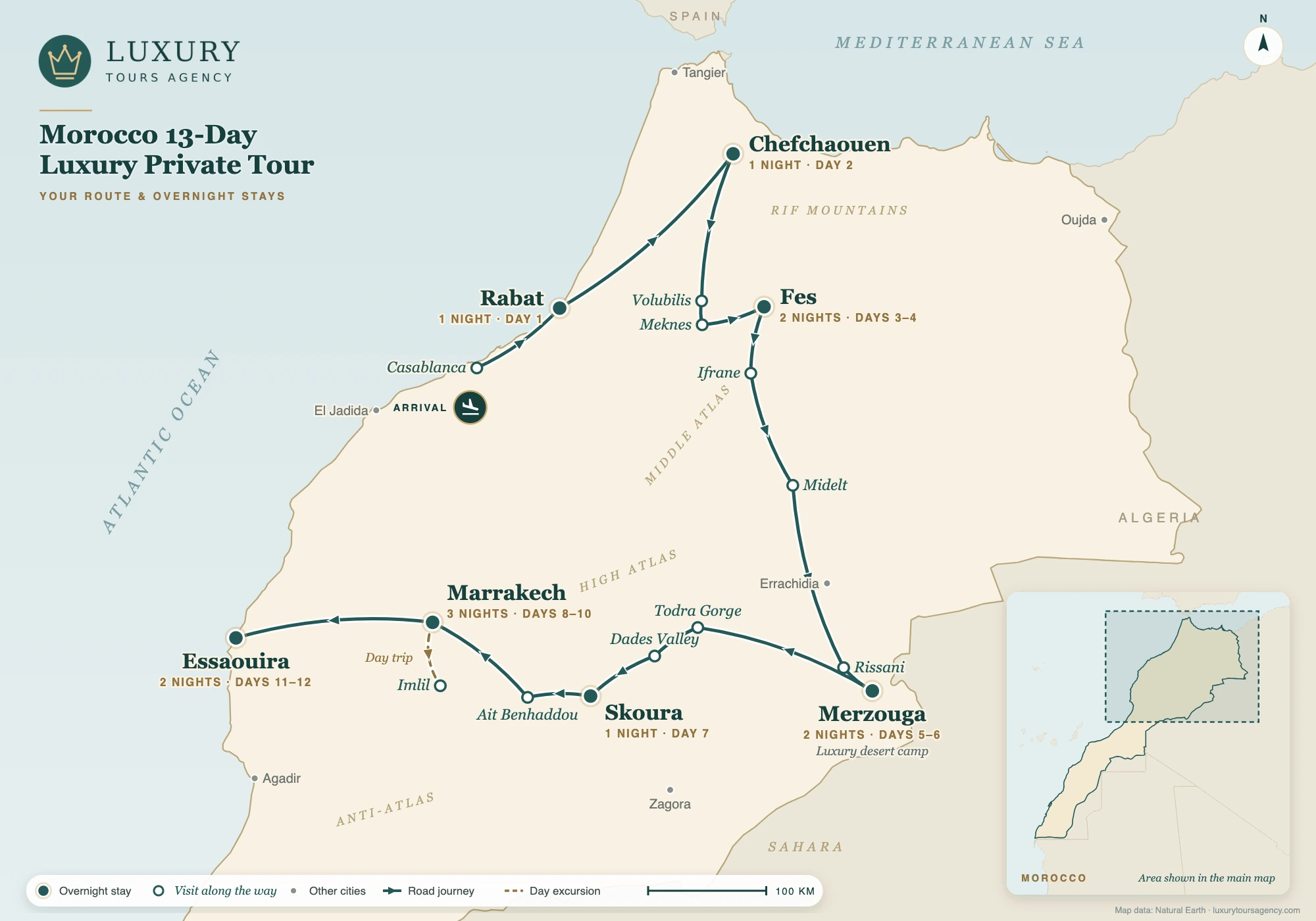 Morocco 13-Day Luxury Private Tour 10 Route map of the Morocco 13-day luxury private tour: Rabat, Chefchaouen, Fes, the Sahara at Merzouga, Skoura, Marrakech and Essaouira, with overnight stays