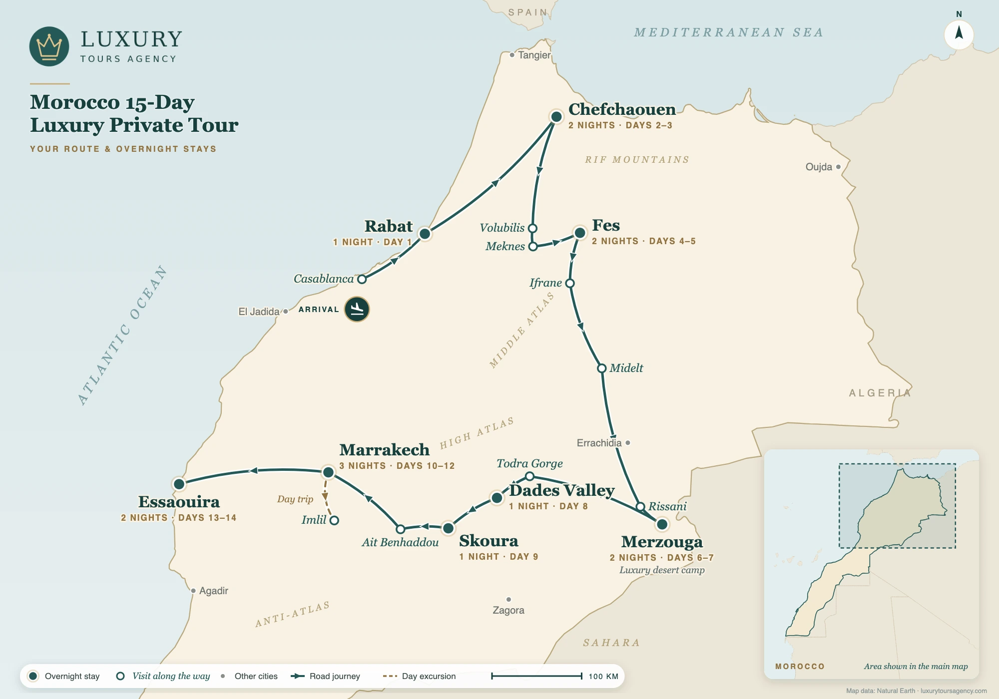 Morocco 15-Day Luxury Private Tour 10 Route map of the Morocco 15-day luxury private tour: Rabat, Chefchaouen, Fes, the Sahara at Merzouga, the Dades Valley, Skoura, Marrakech and Essaouira, with overnight stays