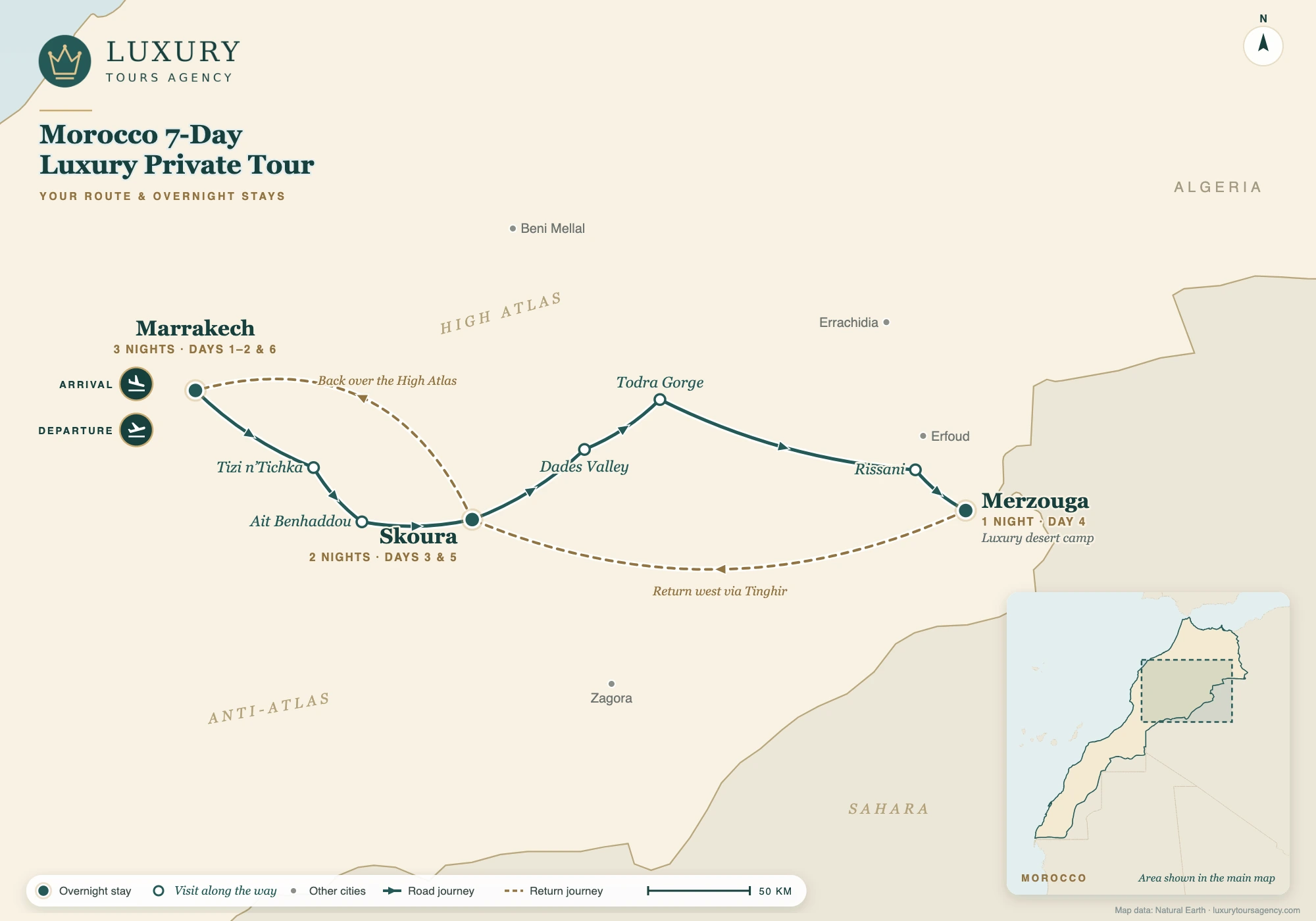 Morocco 7-Day Luxury Private Tour 10 Route map of the Morocco 7-day luxury private tour: Marrakech, Ait Benhaddou, Skoura, the Todra Gorge and a Sahara camp at Merzouga, with overnight stays