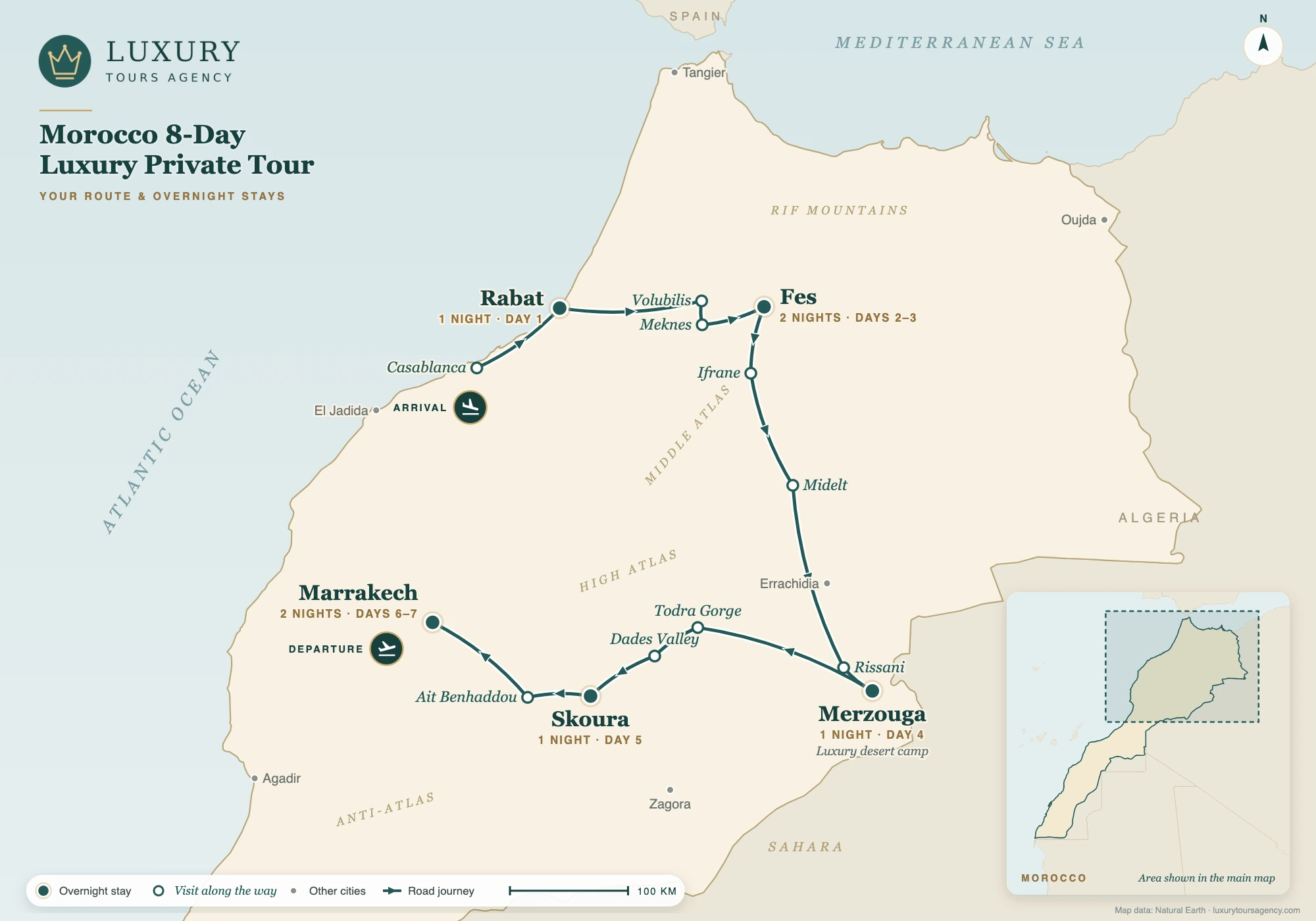 Morocco 8-Day Luxury Private Tour 10 Route map of the Morocco 8-day luxury private tour: Casablanca, Rabat, Volubilis, Fes, a Sahara camp at Merzouga, Skoura, Ait Benhaddou and Marrakech, with overnight stays